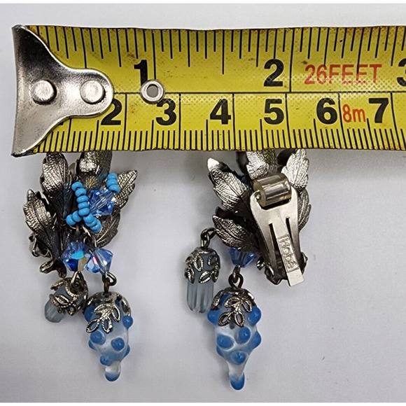 Hobe Silver Grape Leaf Glass Bead Crystal Earrings Dangle Vintage Signed Clip - Picture 16 of 16